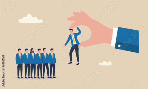 Choosing candidate success candidate, searching for success people concept, giant businessman hand HR pick up winner from group of job candidate