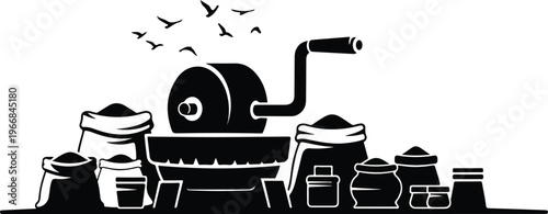 Black and White Silhouette of a Traditional Hand-Crank Grain Mill with Sacks of Flour and Birds