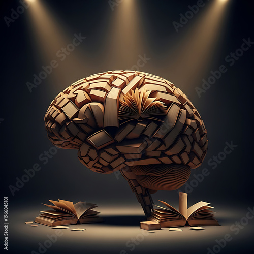 A stylized brain constructed from numerous open and closed books, illuminated by spotlights, symbolizing knowledge and learning.