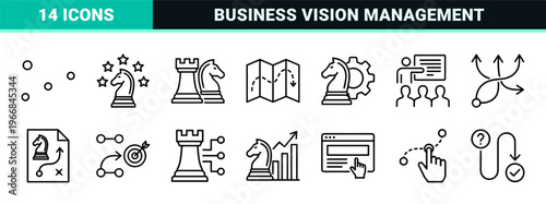 Strategic Planning and Corporate Tactics Ultra-Minimalist Monoline Outline Icons for Professional Business Solutions and Workflow Management.