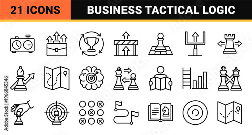 Business Strategy and Tactical Planning Line Art Graphic Resource featuring Geometric Chess and Analytical Data Concepts in Ultra-Minimalist Style.