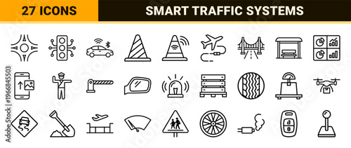 Smart Urban Traffic and Logistics Management Outline Symbols Featuring Ultra-Minimalist Monoline Geometric Aesthetic for Navigation Interface Design