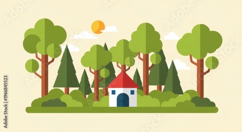 Cozy House Surrounded by Lush Green Trees in a Sunny Landscape