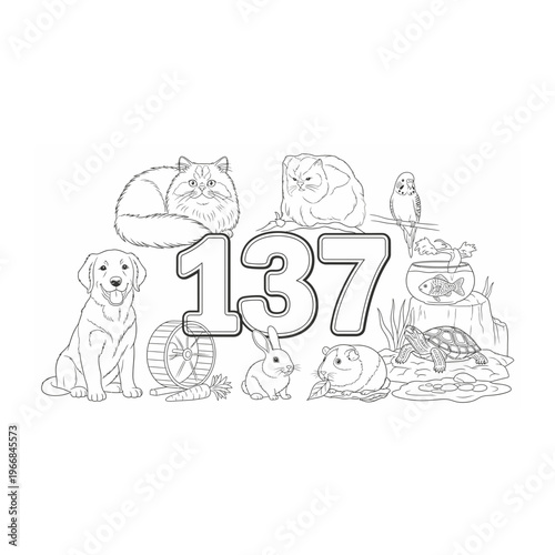 A group of cartoon animals surrounding the number one hundred thirty seven