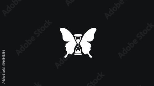 White butterfly hourglass symbol on black, signifying time, transformation, fragility, and ephemeral beauty. Minimalist graphic icon design.