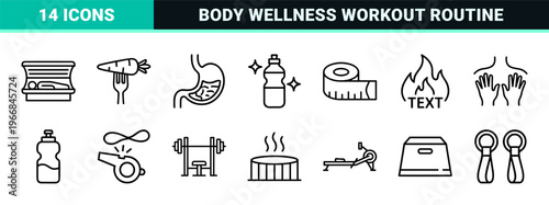 Ultra-Minimalist Fitness and Healthy Lifestyle Monoline Outline Icons for Professional Gym Apps and Wellness Infographics with Clean Geometric Aesthetic.