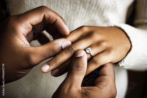 Marriage proposal. Close-up of two hands, one placing an engagement ring on others finger, showcasing diamond ring. Background features soft lighting, creating an intimate atmosphere for proposal