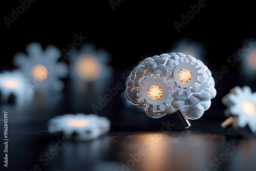 Dynamic brain concept with glowing gears symbolizes creativity and innovation low light setting, evoking curiosity