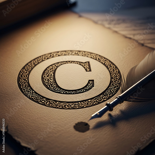 An antique parchment paper with an ornate copyright symbol and a quill pen with an ink blot, evoking historical authorship and intellectual property.