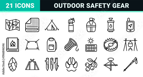 Wilderness Survival and Bushcraft Equipment Ultra-Minimalist Monoline Outline Symbols for Outdoor Adventure and Emergency Preparedness.