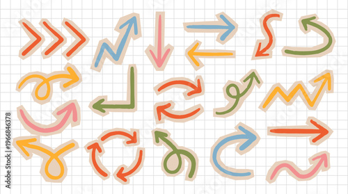 Paper colors arrow sticker set with torn pattern and scribble doodle for scrapbook design