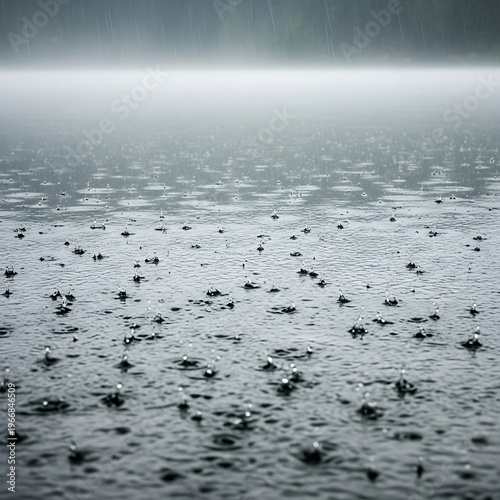 Close-up view of raindrops creating ripples and splashes on a dark, misty body of water during a heavy downpour.