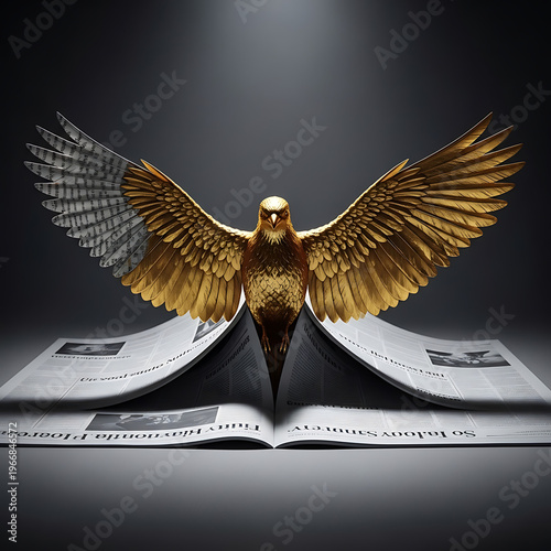A majestic golden eagle with one silver wing perched on an open newspaper under a spotlight, symbolizing news and freedom.