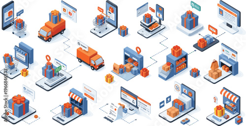 Isometric E Commerce Logistics and Online Shopping Process Illustration Set with Delivery Warehouse Payment Mobile App and Retail Service Scenes.