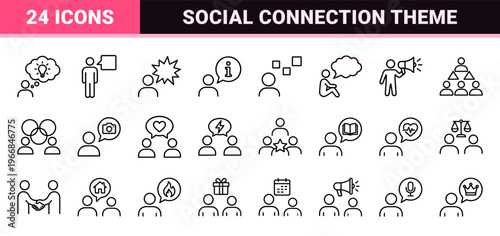 Interpersonal Communication and Social Interaction Line Art. Ultra-minimalist monoline geometric symbols for professional UI and brand design.