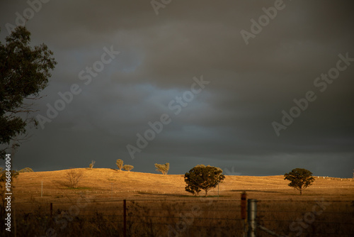Golden hour light illuminates rolling hills under a dramatic, stormy sky