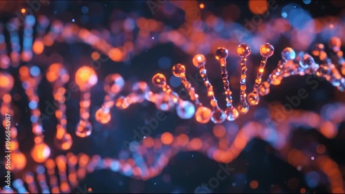 Glowing molecular structure with abstract bokeh effects of blue and orange colors