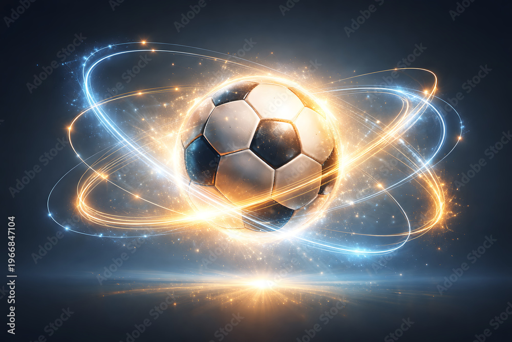 Fototapeta premium Glowing Football with Orbiting Light Rings and Energy Trails, Futuristic Global Soccer Concept, Premium Sports Background 8K