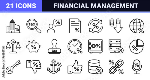 Professional Tax and Financial Regulation Line Art Set Featuring Minimalist Accounting Icons for Corporate Auditing and Fiscal Management Tasks.