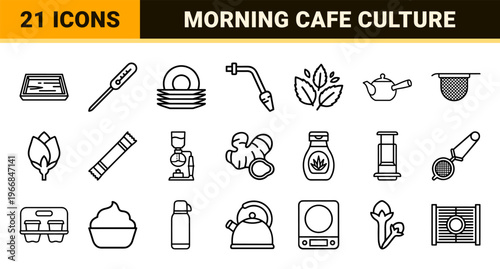 Beverage Preparation and Cafe Culture Ultra-Minimalist Monoline Outline Symbols for Professional Menu Design and UI Navigation Interfaces