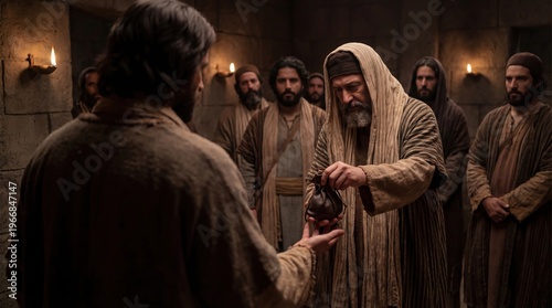 Man giving a money bag to another man, a biblical concept of betrayal and a moment from the evangelical events of Holy Week for christian art.