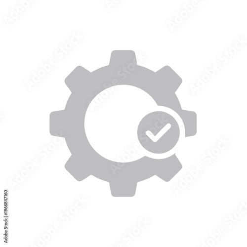 Light gray cogwheel illustration incorporating a small, circular tick mark communicates system readiness or established parameters.
