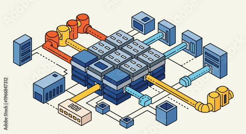 Abstract illustration of a complex data center network system.