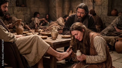 Woman anointing a mans feet during a biblical meal, illustrating humility and devotion. Religious scene for faith and Christian teaching.