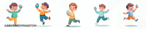 vector of a little boy dancing happily holding an Easter egg