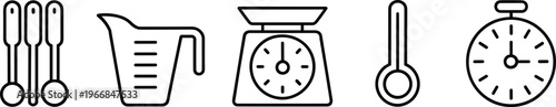 Minimal kitchen measuring icons set spoon cup scale thermometer stopwatch cooking tools outline vector clean modern design collection
