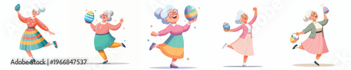 vector of a grandma dancing happily holding an Easter egg