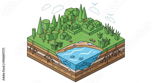 Cross section of earth showing layers and ecosystem with pond and trees.