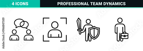 Professional Teamwork and Business Collaboration Line Art Set. Ultra-minimalist monoline geometric symbols for corporate strategy and leadership.