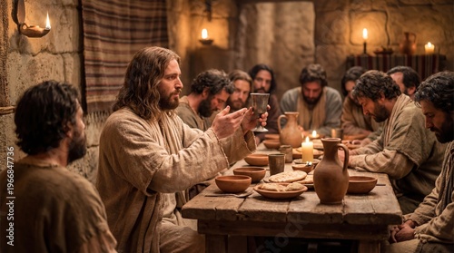Man Jesus Christ holding chalice with disciples at table. Biblical last supper scene. Christian easter teaching.