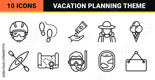 Ultra-minimalist Monoline Travel and Tourism Icon Set featuring Geometric Line Art for Vacation Planning and Global Adventure Web Interfaces