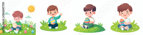 vector of a little boy sitting happily holding an Easter egg