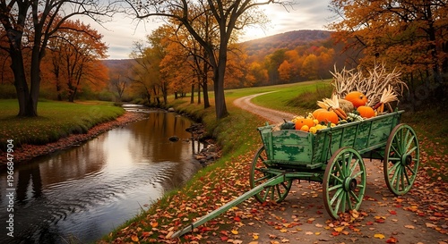 Scenic autumn countryside with green wagon filled pumpkins beside peaceful winding stream and colorful forest