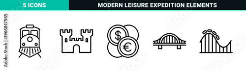 Global Tourism and Vacation Planning Ultra-Minimalist Monoline Icon Set Featuring Geometric Line Art for Web and Mobile Navigation Interfaces.