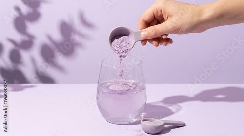 Wallpaper Mural collagen, powder, supplement, pouring, purple, health, wellness. Minimalist aesthetic of a hand adding a purple superfood scoop into a water glass with botanical plant shadows. Torontodigital.ca