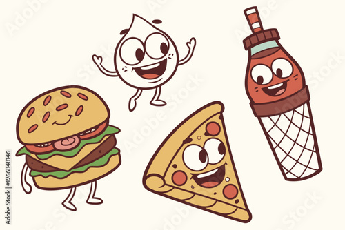 funny Cartoon Food and Drink Characters with Faces Smiling Vector Illustration Bundle .
