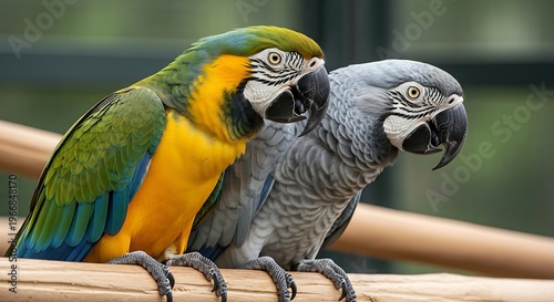Two colorful parrots perched together on wooden rail in natural outdoor setting