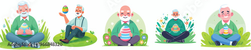 vector of a grandpa sitting happily holding an Easter egg