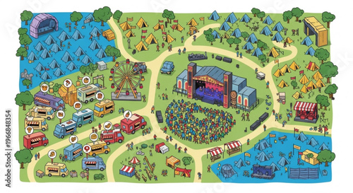 Vibrant illustration of a lively outdoor music festival with stages food stalls and people enjoying leisure activities in a scenic park with lakes and greenery