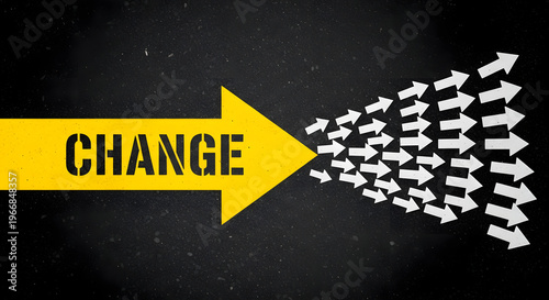 A large yellow arrow labeled CHANGE redirects a multitude of smaller white arrows to the right.