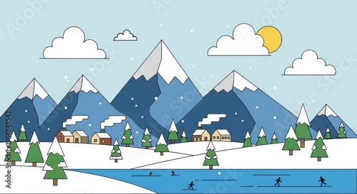 Peaceful Winter Landscape with Mountains, Trees, and Snow Activities
