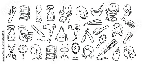 Hair salon and barber shop doodle icon set. Hand-drawn sketches of scissors, hair dryer, combs, mirrors, styling tools, and chairs. Professional hair care linear vector illustrations.
