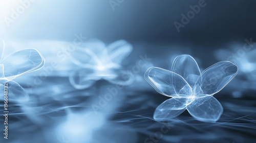 Translucent flowers create serene atmosphere with soft blue background, evoking tranquility and beauty
