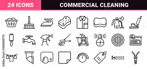Commercial Cleaning and Laundry Services UI Line Art: Ultra-Minimalist Geometric Monoline Symbols for Professional Housekeeping and Hygiene
