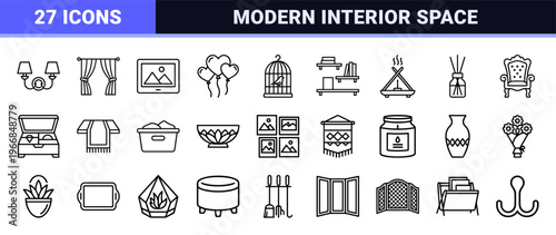 Interior Design and Home Decor Bold Line Outline Icons Featuring Furniture, Plants, and Decorative Accents in Ultra-Minimalist Monoline Style