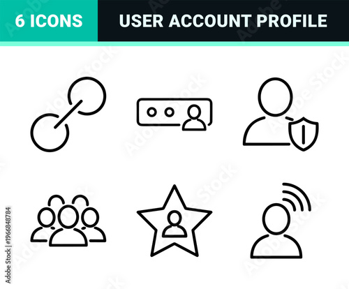 User Account Management and Digital Identity Interface Icons. Ultra-minimalist monoline geometric line art for profile settings and security.